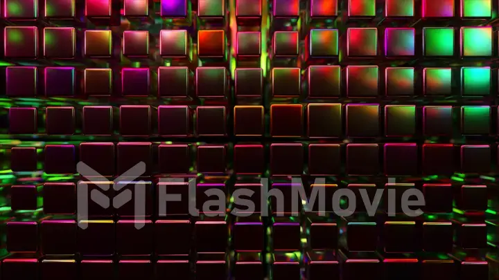 Abstract 3d render with cubes in neon light. Nice waves footage. Violet spheres moving like waves on dark background. 3d illustration