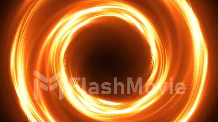 Abstract rotating neon circle in gold color. Luminous ring. Space tunnel. LED color ellipse. 3d illustration. Empty hole. Glow portal. Hot ball. flickering spin.