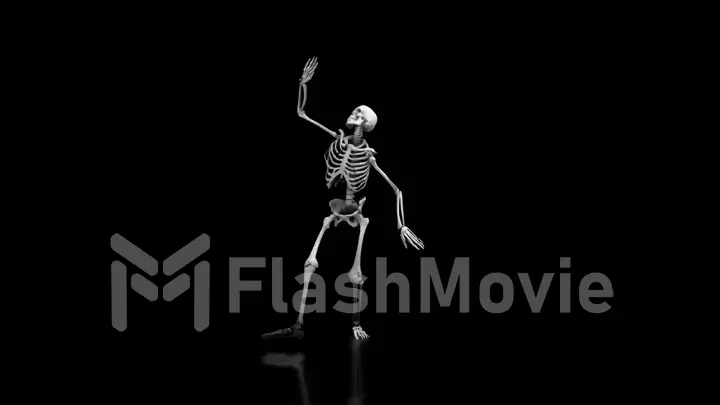 Skeleton dancing on isolated black background with reflective floor 3d illustration