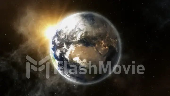 Our earth in cosmos and bright sun. 3d rendering