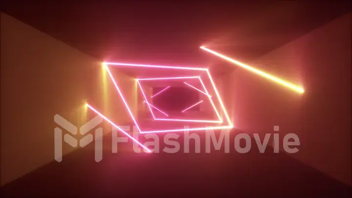 Abstract flying in futuristic corridor background, fluorescent ultraviolet light, glowing colorful laser neon lines, geometric endless tunnel, yellow pink spectrum, 3d illustration