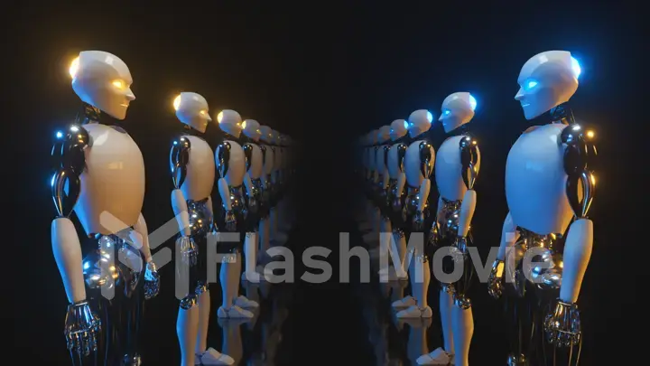 An endless corridor of robots facing each other. Future technology and artificial intelligence concept Blue and yellow neon glow. 3d illustration