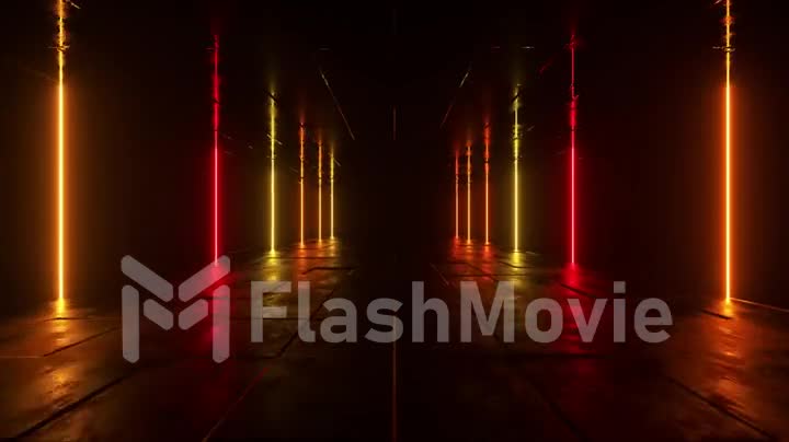 Futuristic sci fi bacgkround. Red orange neon lights glowing in a room with concrete floor with reflections of empty space. Alien, Spaceship, Future, Arch. Progress. 3D animation of seamless loop.