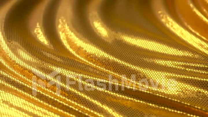 Gold beautiful shiny background of sequins and bokeh. Wavy festive fabric texture with shiny particles close up. 3d animation