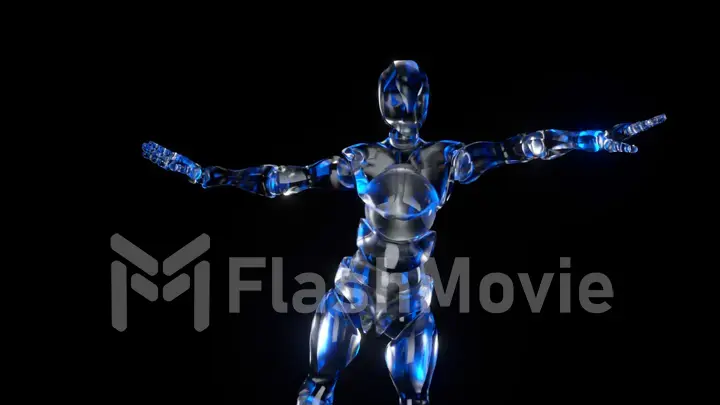 Dancing robot made of glass on a black isolated background. 3d illustration
