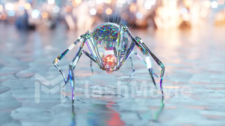 Abstract concept. A large diamond spider walks on a glass mirror surface. Blue red light. 3d animation of seamless loop
