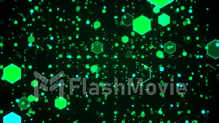 Abstract technological background with green luminous hexagons. 3d illustration