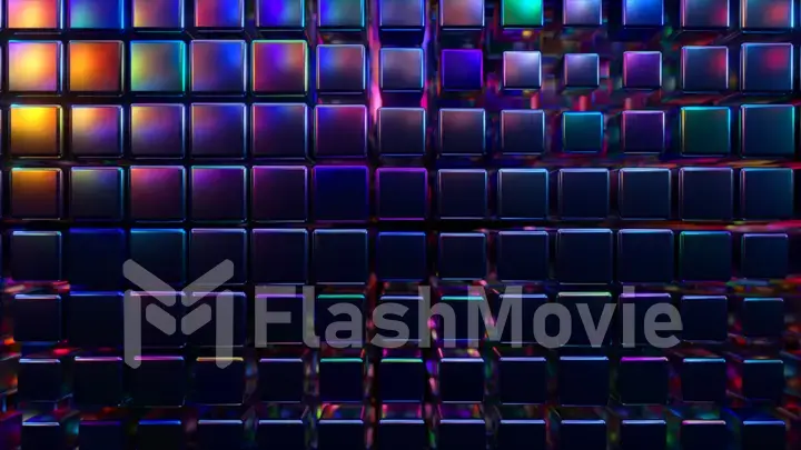 Abstract 3d render with cubes in neon light. Nice waves footage. Violet spheres moving like waves on dark background. 3d illustration
