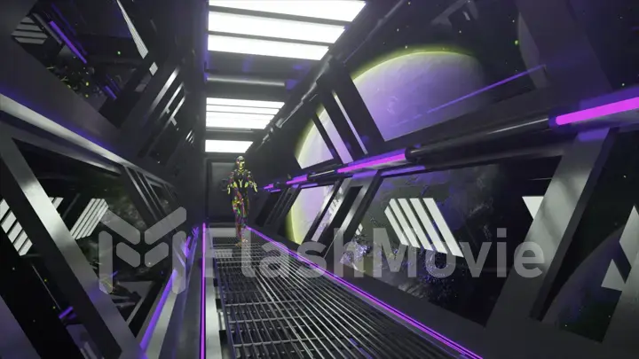 The alien slowly walks along the corridor of the spaceship. Diamond suit. Moon. View of the purple planet. Violet neon