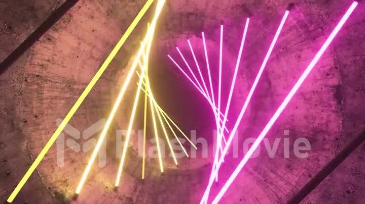 Flying in a concrete tunnel with neon lighting. Halogen lamps. Abstract background. Modern yellow pink spectrum. 3d animation