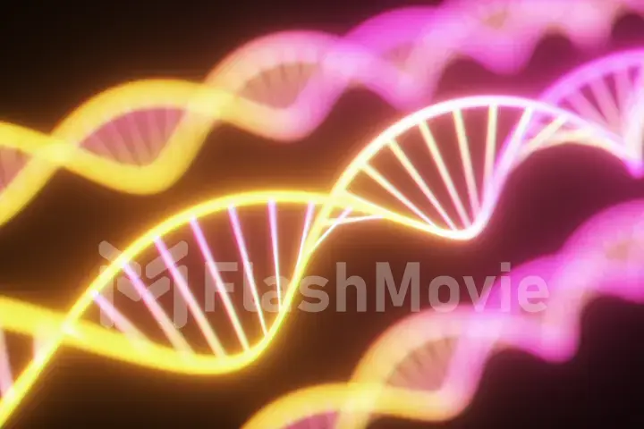 Rotating neon dna chain. Fluorescent ultraviolet lights. Sci-fi style. Modern neon blue purple light spectrum. 3d illustration