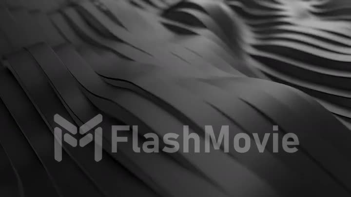 Abstract background with black wavy stripes. Modern black background template for documents, reports and presentations. Sci-fi futuristic. 3D animation of seamless loop