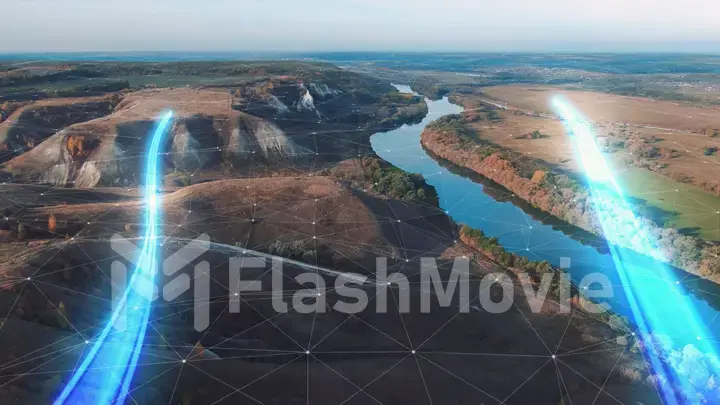 4k Aerial view The concept of disseminating information, data flows over a natural landscape with a river and mountains