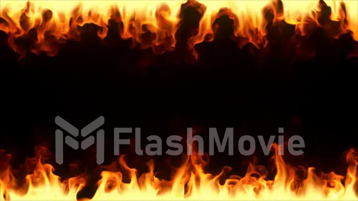 Fire burning in slow motion. A fiery frame surrounding the screen on black isolated background. 3d illustration