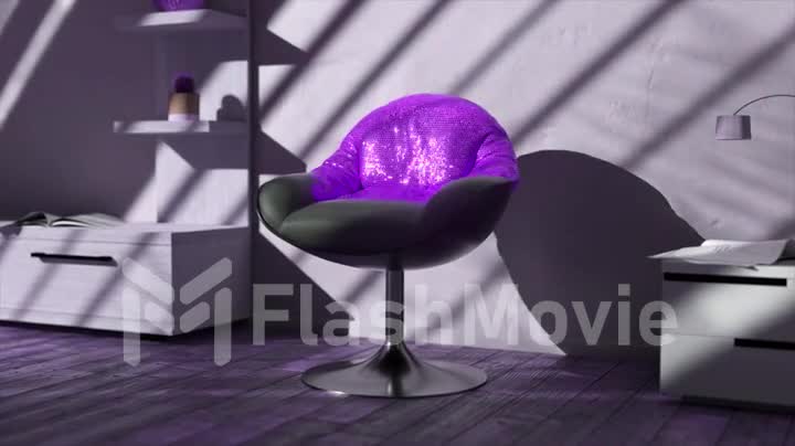 Metamorphoses. Shiny purple fabric puffs up and absorbs the soft upholstery of the chair. Abstract concept. 3d animation