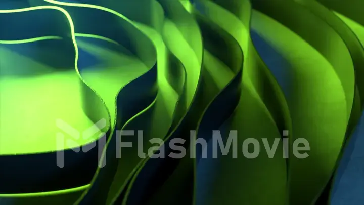 Dynamic animation of abstract stripes interacting with each other. Circular wave. Green neon lighting. 3d illustration