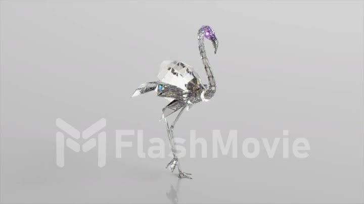Walking diamond flamingo. The concept of nature and animals. Low poly. White color. 3d animation of seamless loop