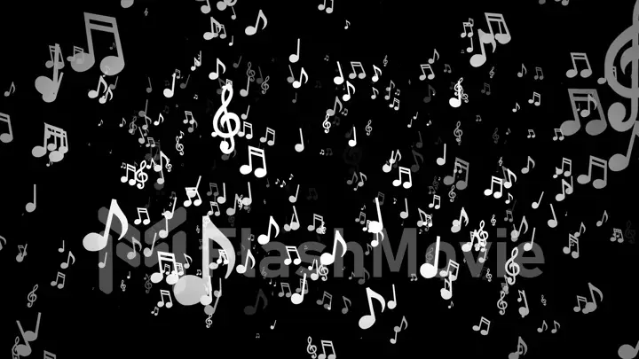 White musical notes move to the camera on a black background 3d illustration