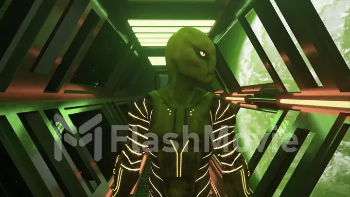 An alien walking on a spaceship close-up. Earth orbit. Neon clothes. Space suit. Neon illumination. 3d animation.