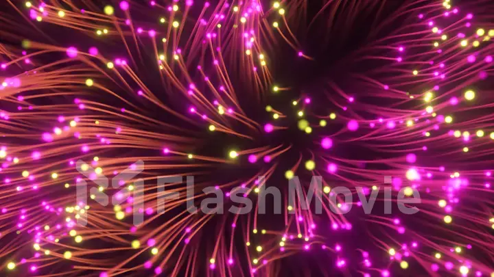 Fiber optic wires with flashing signals. Digital data transmission via fiber optic cable. Top view of colored optical fibers with bokeh. Technology concept. 3d illustration