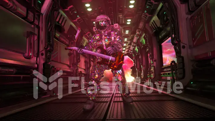 The concept of space exploration. Diamond astronaut plays the guitar in the corridor of the spaceship. Pink neon lights