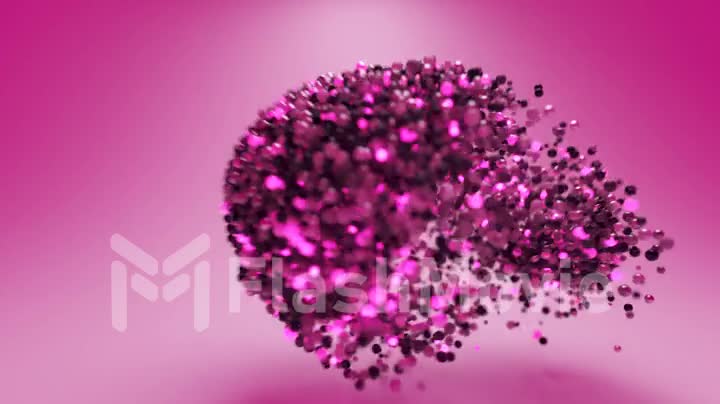 Dynamics of abstract pink glowing particle spheres. A large sphere attracts small. Scientific concept.. Abstract technology, engineering and artificial intelligence motion background. 3D animation