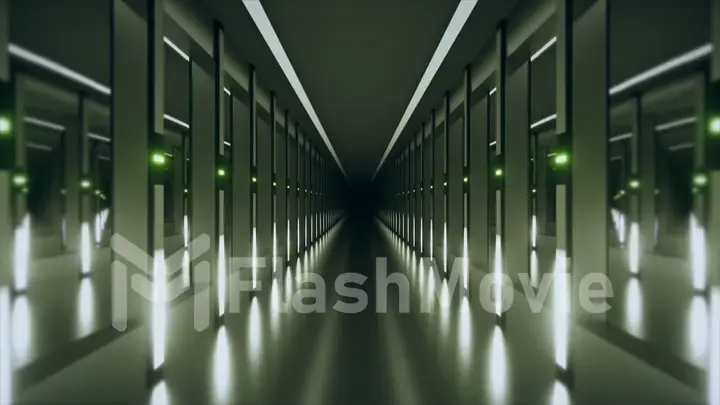 Sci-fi tunnel or spaceship corridor. The camera pans down a neon-lit corridor. Future concept. 3D illustration