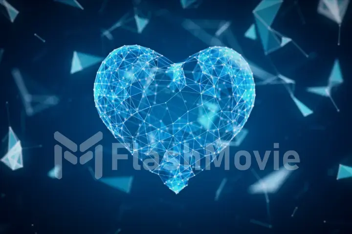 The digital heart icon is formed from particles in a network cloud of lines and points. The heart of technology 3d illustration