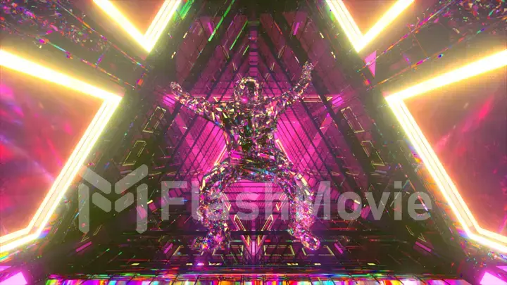 Crystal astronaut falling in the corridor of a spaceship. Neon light. Diamond composition. 3d illustration