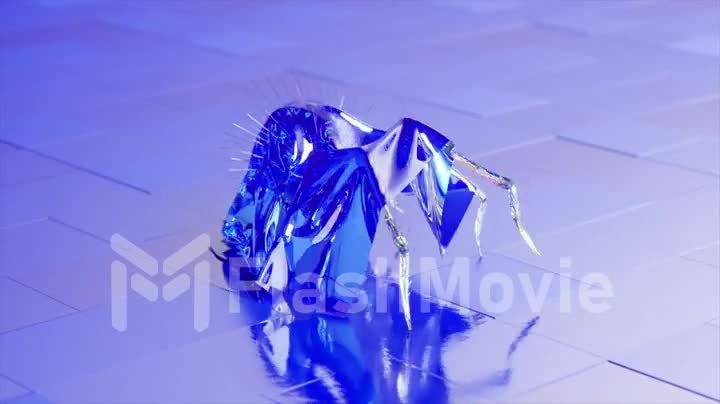 A diamond spider covered with a blue cape walks on the mirror tiles. Pearl fabric. Gloss. 3d animation of seamless loop