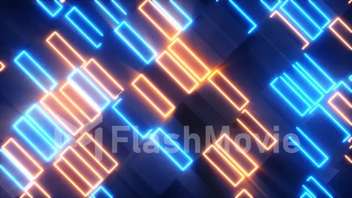 Bright abstract moving structure of rectangles with neon elements. Bright light. Modern orange blue color spectrum. 3d illustration