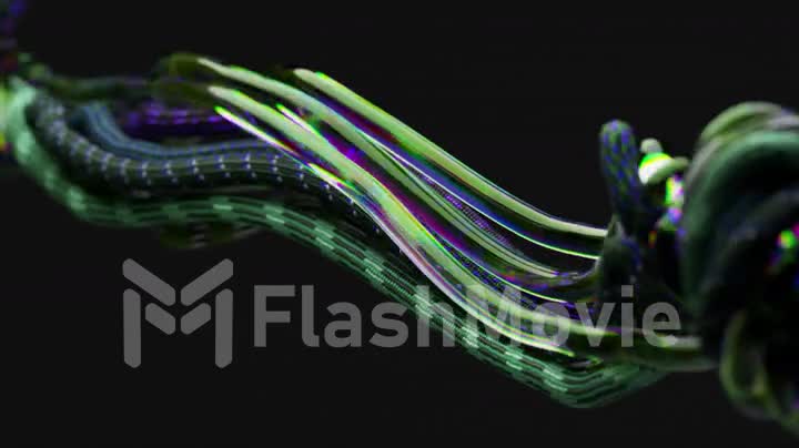 Abstract concept. Transparent tubes and braided cables meander on a black background. Green neon color. 3d animation