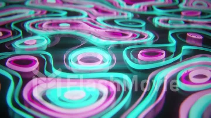 Abstract neon background of topographic map concept. Contour map. Valleys and mountains. Geography concept. Wavy backdrop. Space surface. magic neon light curved swirl line. Seamless loop 3d render