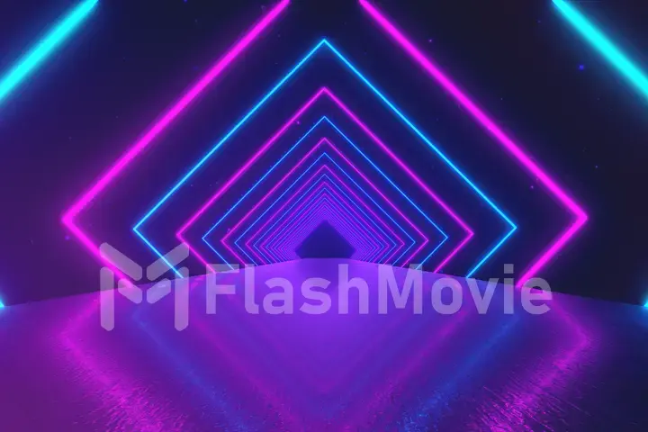 Abstract motion geometric background, glowing neon squares creating a rotating tunnel, blue pink purple spectrum, fluorescent ultraviolet light, modern colorful lighting, 3d illustration
