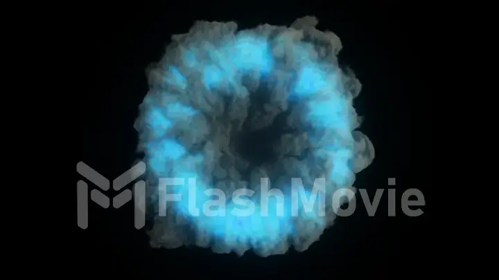 Abstract portal in thick puffs of smoke on an isolated black background. Glowing blue neon light in the smoke. 3d illustration