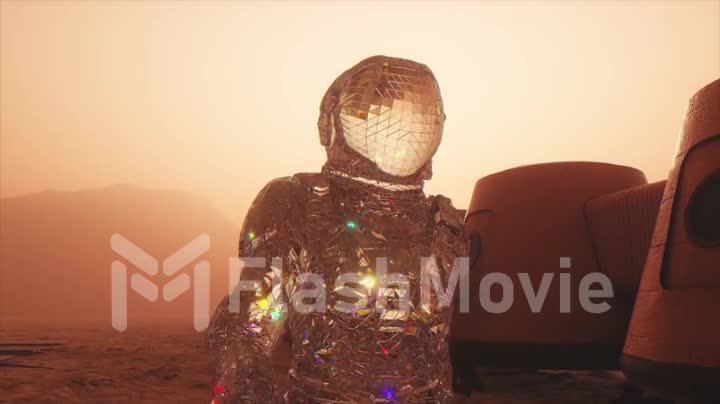 Cosmos concept. A diamond astronaut walks across against the backdrop of a space base. 3d animation
