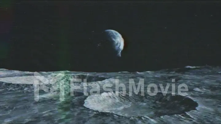 View of the planet Earth from the surface of the Moon. Airless space. Simulated drone flight. The effect of old tape and distorted data. 3d illustration