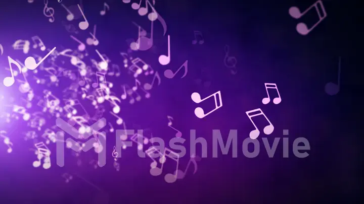 Floating musical notes on an abstract purple background with flares 3d illustration