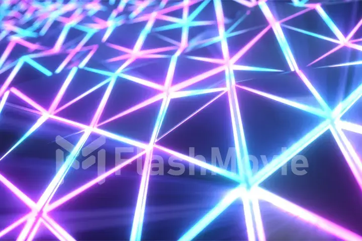 Abstract cg polygonal neon blue surface. Geometric poly light triangles motion background. 3d illustration