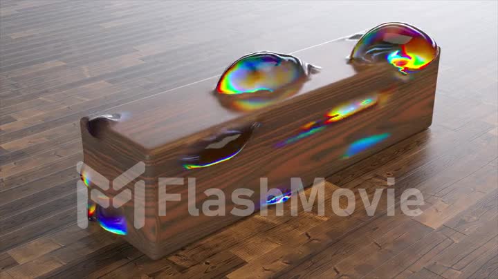 Abstract concept. Large iridescent bubbles appear and disappear on the surface of a piece of wood. 3d animation
