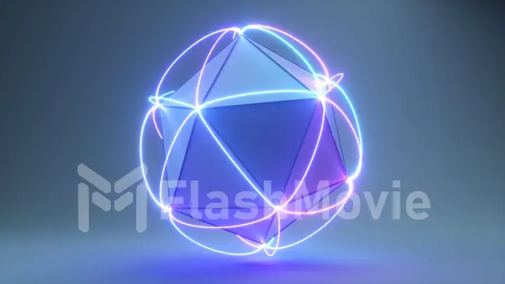 Abstract volumetric polygon with connecting neon lines at the corners. Technological concept. 3d illustration