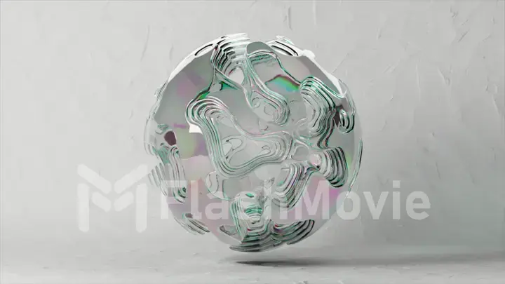 Abstract sphere made of iridescent transparent liquid changes shape on a white isolated background. Light refraction.