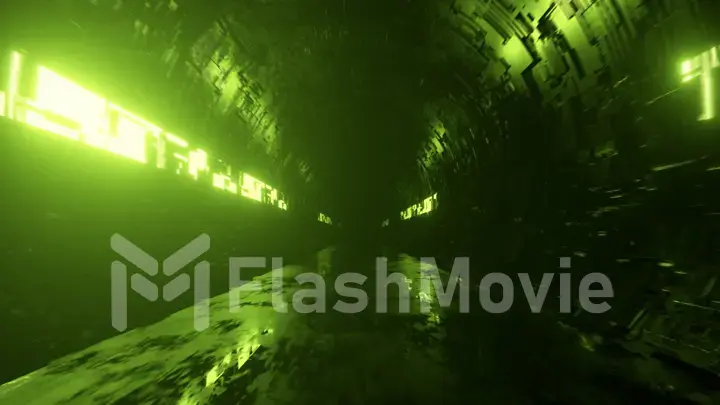 Endless flight in a futuristic metal corridor with neon lighting. Technology and future concept. Modern green light spectrum 3d illustration
