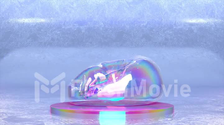 Diamond egg falls and turns into a soap bubble. Blue pink neon color. Abstract concept. Transformation. 3d animation
