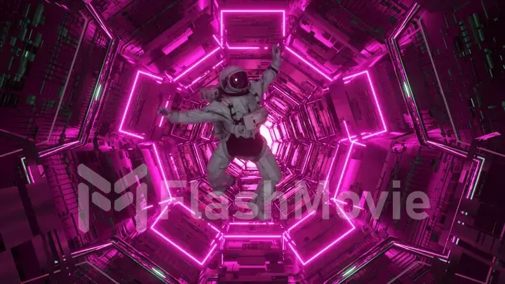 Astronaut falling in the corridor of a spaceship. Sci-Fi futuristic space tunnel VJ for titles and background. Neon light. 3d illustration