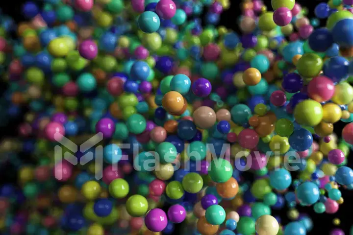 Abstract background on black isolated background with moving colorful multi-colored spheres. Ultra realistic 3d illustration geometric composition. Modern trendy postmodern design.