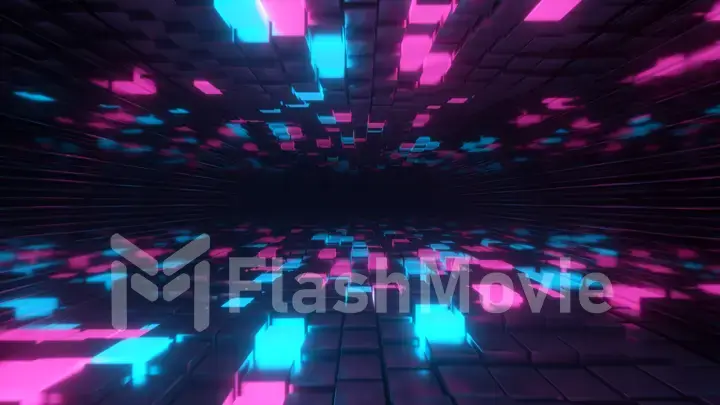 Abstract flying in endless space of neon and metal cubes. Modern blue purple color spectrum of light. Glass metal walls. 3d illustration