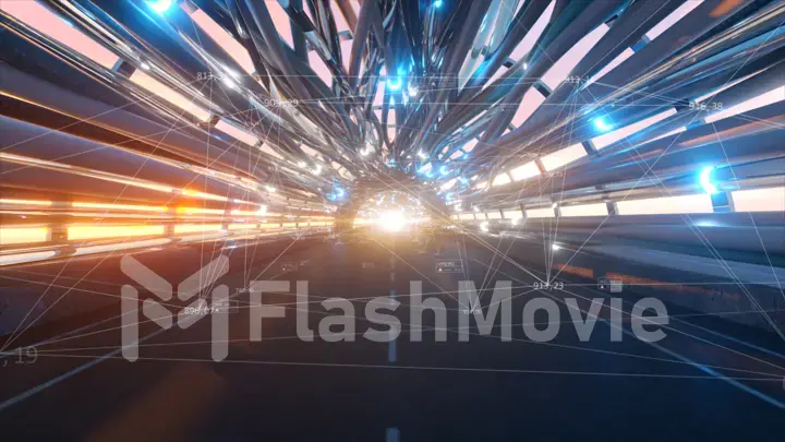 Flying in a futuristic fiber optic tunnel with a road. Future technologies concept. Business background. Pleasant natural lighting. Technological connections. 3d illustration