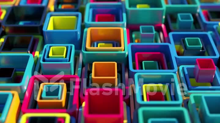 Colored square tubes go up and down. Abstraction. Blue pink yellow color. 3d animation of a seamless loop.