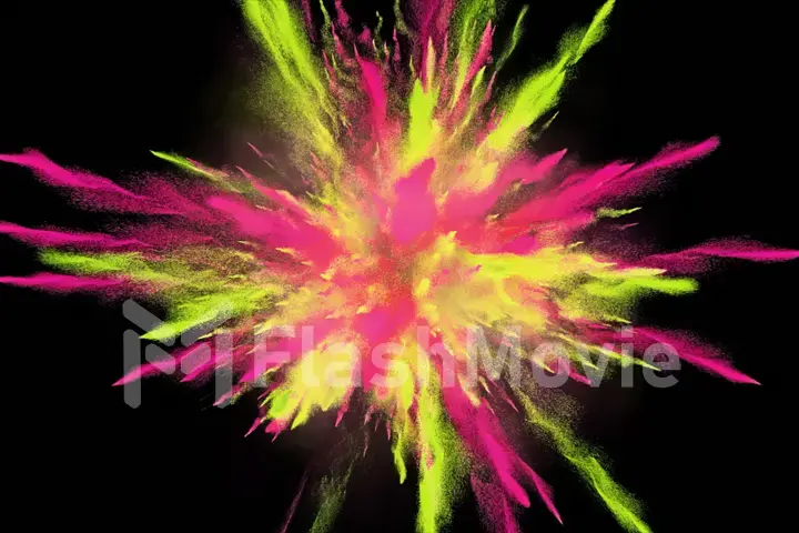 CG 3d illustration of powder explosion with blue and violet colors on black background. Slow motion movement with acceleration in the beginning
